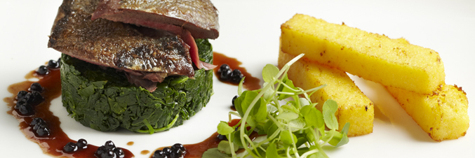Roasted pigeon with fry polenta chips and elderberry sauce 